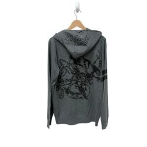 NWT Ed Hardy Eagle Wool Angora Blend Full Zip Hoodie Sweater Gray Size‎ Large